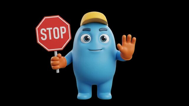 A cute 3D cartoon blue character in a yellow hat holding up a red Stop sign while showing a raised palm gesture, isolated on a dark black background. Excellent for game UI alerts, boundary warning pop