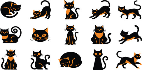 Obraz premium Cute black cat silhouettes, faces, and poses vector collection for Halloween