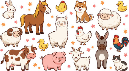 Obraz premium Cute farm animals vector illustration set with cartoon cow, horse, sheep, pig, alpaca, dog, cat, donkey, and chicken, isolated on white background.