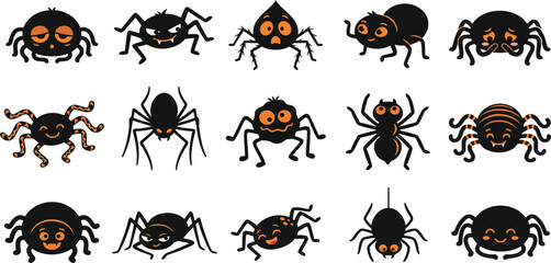 Fototapeta premium Collection of cute and spooky cartoon spider vector illustrations for Halloween.