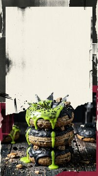 Punk Halloween donut stack with neon slime glaze on distressed zine background with copy space.