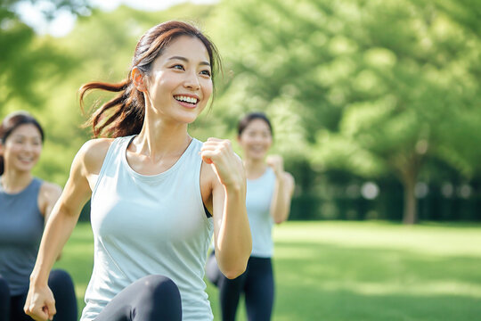 新緑の公園を笑顔でランニングする女性