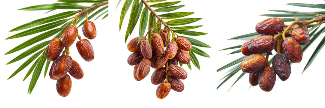 Set of Natural date palm tree branch with abundant ripe fruits and elegant green leaves on transparent png background. Ai generated