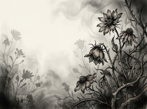 Dark Gothic Tattoo Art Banner with Withered Wildflowers, Thorns, and Eerie Mist, Illustrative Blackwork Fine-line Design with Copyspace