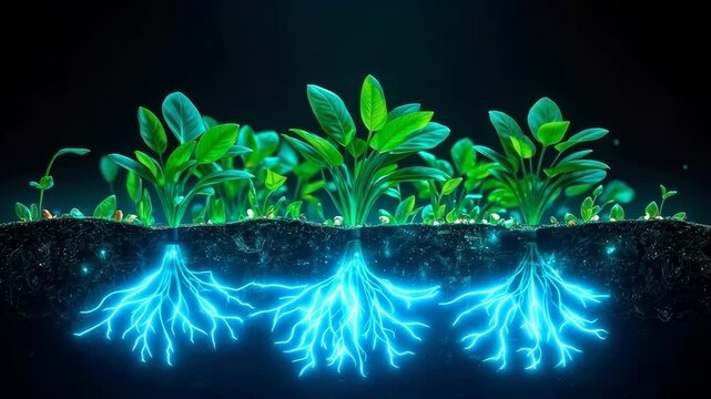 Green Plant Root System Glowing Blue Beneath Dark Soil, Seedling Network and Botanical Growth
