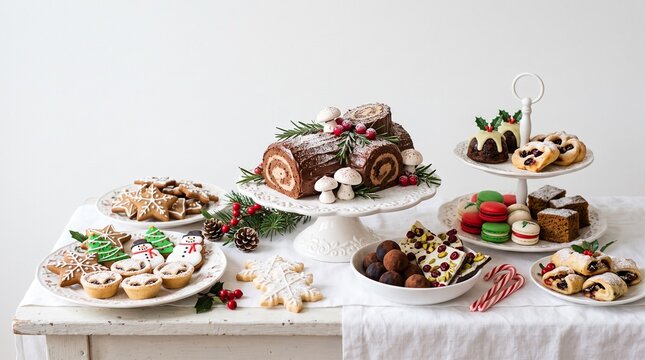 Festive Christmas Dessert Spread with Yule Log Cookies and Mince Pies