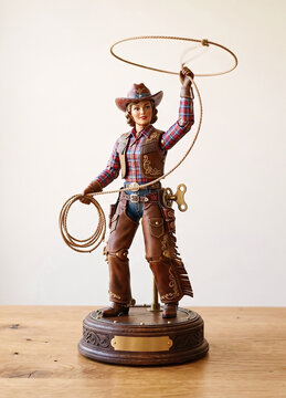 decorative cowgirl figurine with a lasso, mounted on a small clockwork base with exposed gears and a winding key
