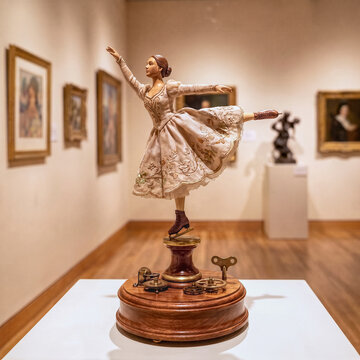 intricate, carved wooden ballerina ice skater music box figurine on a wooden base with exposed gears and a wind-up key.