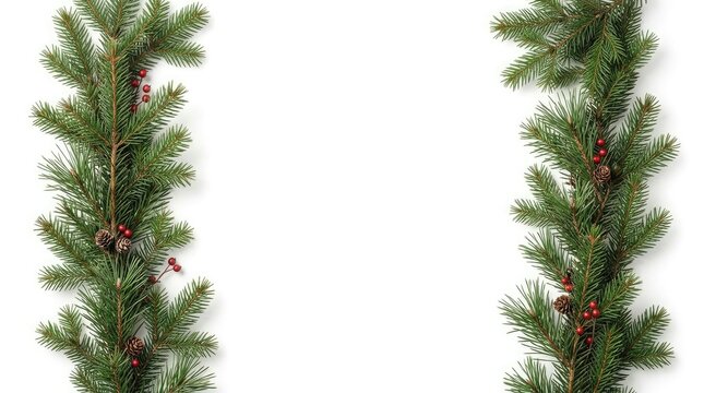 Two vertical green pine christmas garland branches framing a white background with copy space for holiday text