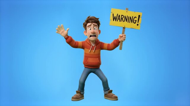 A stressed 3D cartoon young man raising a wooden sign with "WARNING!" written on it while waving his hand in alarm, set against a solid blue studio backdrop. Ideal for cybersecurity ads, technical gli