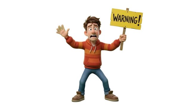 A panicked 3D cartoon young man in a striped hoodie holding up a wooden warning sign, isolated on a clean white background. Perfect for safety alert videos, system error announcements, risk warning ex