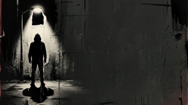 Dark Punk Horror Silhouette under Streetlight in Urban Alley Background with Large Copy Space for Banner Design