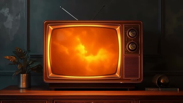 Retro Vintage Television with Glowing Orange Screen in Dark Wooden Interior Setting