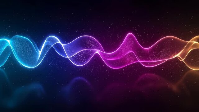Neon Waveform Light Abstract Background with Glowing Colorful Particles and Dark Waves