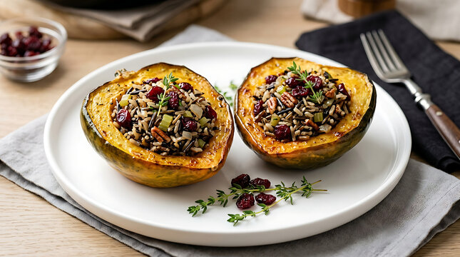 Two halves of roasted acorn squash stuffed with wild rice and cranberries on a white plate