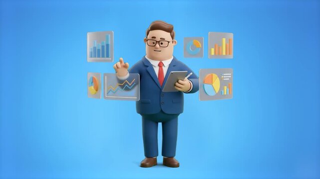 A 3D cartoon analyst in a blue suit operating interactive floating data panels and chart screens while carrying a tablet computer, set against a vibrant blue studio backdrop. Perfect for financial sof