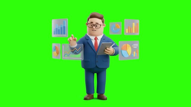 A 3D cartoon businessman in glasses holding a digital tablet while tapping futuristic holographic financial charts and graphs, isolated on a chroma key green screen background. Ideal for business anal