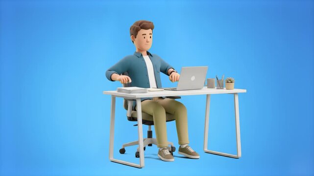 A calm 3D cartoon male professional typing on a laptop computer at a minimalist desk workspace, isolated on a smooth light blue background. Excellent for corporate productivity training, software demo