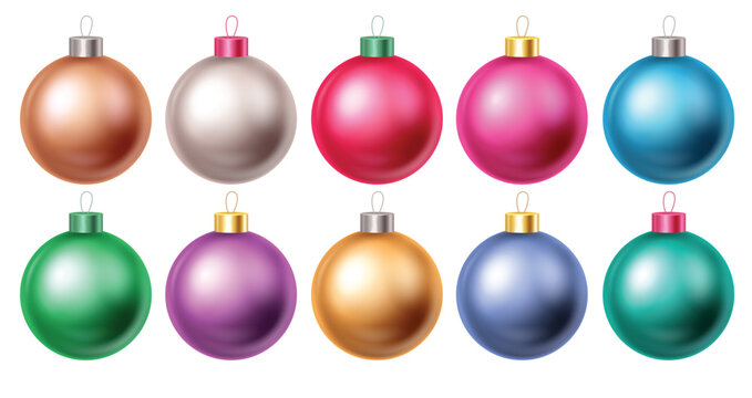 Set of Realistic Colorful Christmas Baubles Glossy Holiday Tree Ornaments Collection