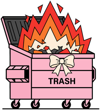 Cute pastel pink dumpster fire with flames and a bow tie, funny chaotic trash bin vector illustration representing disaster, hot mess and modern lifestyle struggles