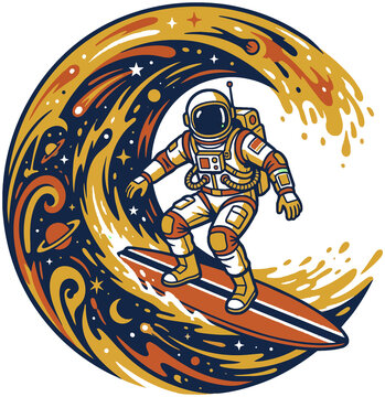 Astronaut surfing on a glowing cosmic tidal wave of stars and galaxies, surreal sci-fi vector illustration of space exploration, universe and fantasy adventure
