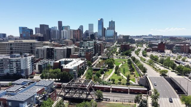 Aerial view flying along the Cherry Creek trail in downtown Denver, Colorado.