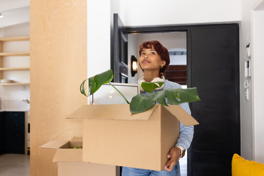 African American woman holding moving box with plant and frame in sweater, looking up in entryway