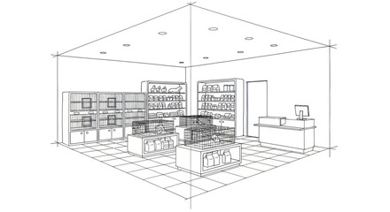 Fototapeta premium Elegant Minimalist Sketch of a Modern Convenience Store Interior with Shelves Display Racks and Checkout Counter