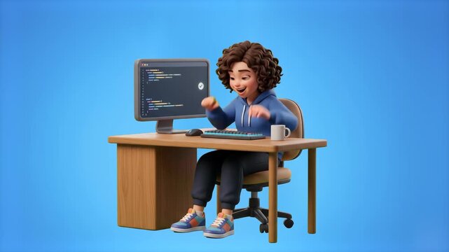 A cheerful 3D cartoon female coder sitting at a wooden desk working enthusiastically on line-of-code programming, set against a bright blue studio backdrop. Perfect for IT recruitment commercials, cod