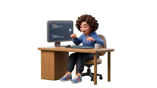 A happy 3D cartoon female developer with curly hair excitedly coding at her office desk with code on the screen, isolated on a clean white background. Ideal for software engineering promos, web develo