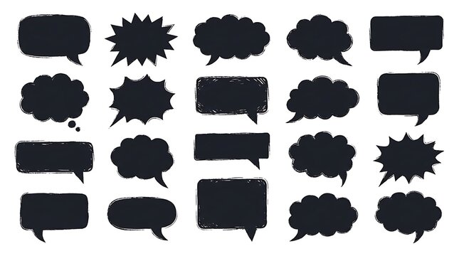 A diverse collection of black comic book speech bubbles and thought balloons is presented in isolation against a clean white backdrop