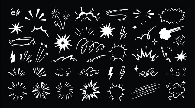 Abstract comic action bursts and decorative motion elements set hand drawn in white ink.