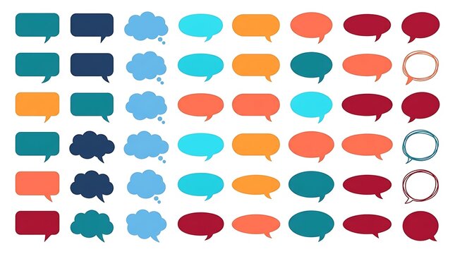 A vibrant and colorful assortment of empty speech bubbles and thought balloons are neatly organized in a grid formation on a clean