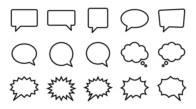 Collection of hand drawn empty speech bubbles and comic book word balloons in various shapes and styles on white background