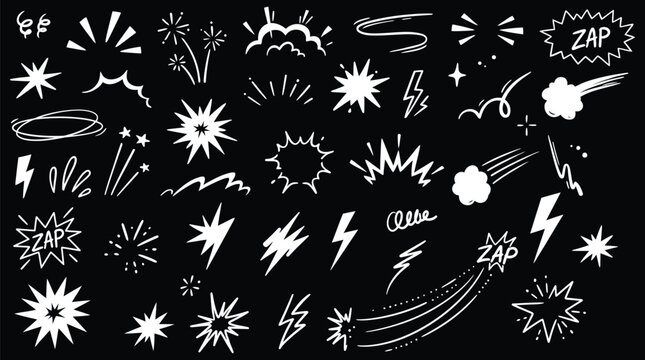 Comic book hand-drawn doodle set of graphic elements isolated on a dark background.
