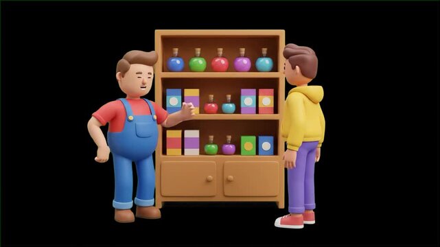 A 3D cartoon shopkeeper in overalls pointing toward shelves filled with colourful potion bottles while assisting a customer in a hoodie, set against a solid black backdrop. Perfect for fantasy RPG gam
