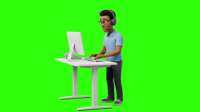 A young 3D cartoon Black man wearing headphones typing on a desktop computer at a modern white standing desk, isolated on a solid green chroma key background. Ideal for remote work tutorials, corporat