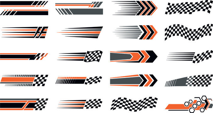 Racing Stripes and Checkered Flag Decal Icon Set Featuring Sports Car Graphics Speed Trails Arrow Lines and Motorsport Vinyl Sticker Elements Vector Illustration