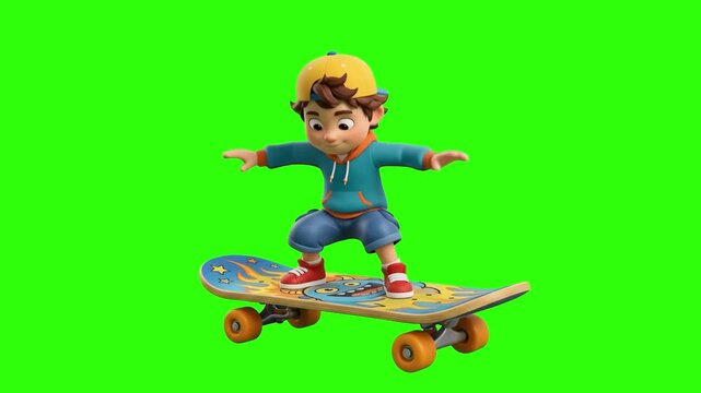 A cool 3D cartoon boy wearing a yellow cap and teal hoodie balancing on a skateboard with arms outstretched, isolated on a solid green chroma key background. Perfect for youth sports promos, extreme g