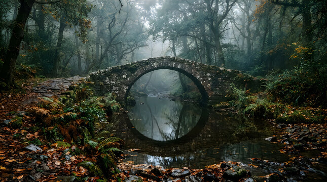An ancient stone bridge arching over a calm pond in a misty and atmospheric autumn forest landscape