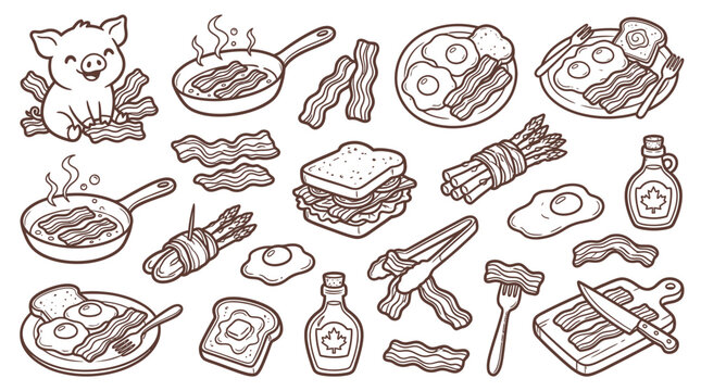 A charming collection of breakfast illustrations featuring a happy pig, sizzling bacon, fried eggs, toast, asparagus wrapped in bacon, and maple syrup bottles.