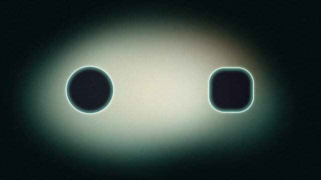 Two neon-outlined square nodes sit apart on a misty dark scene, with a soft central glow that feels like a quiet network or portal.