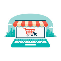 Obraz premium Online Shopping Storefront Illustration With Laptop, Shopping Cart, Cursor, And Retail E Commerce Concept