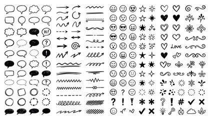 Fototapeta premium Hand drawn doodle elements collection, speech bubbles, arrows, emojis and design icons