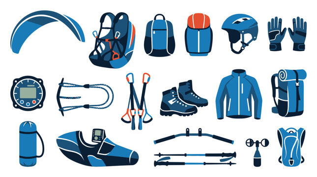 Outdoor Adventure Sports Equipment Flat Vector Illustration Set: Paragliding, Hiking, and Camping Gear