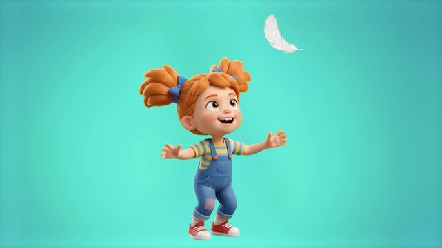 A cute 3D animated little girl with ginger pigtails and overalls reaching up toward a floating white feather on a light turquoise studio background. Suitable for dream concepts, childhood innocence, l