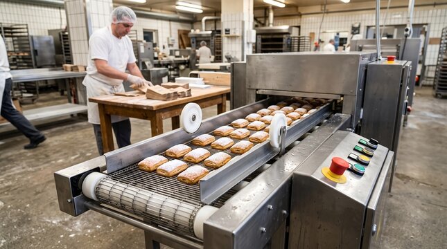 Professional baker working in a commercial industrial kitchen while freshly baked pastries move along a stainless steel conveyor belt system inside a large bakery manufacturing facility
