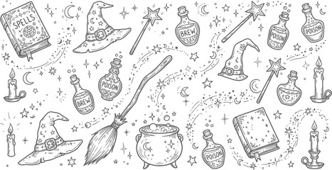 Witchcraft seamless pattern with magical spells, potion bottles, witch hats, broomstick, stars and mystical symbols © Abdul