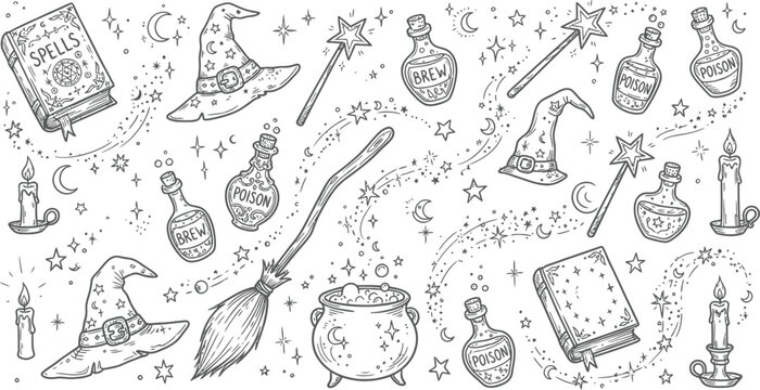 Witchcraft seamless pattern with magical spells, potion bottles, witch hats, broomstick, stars and mystical symbols