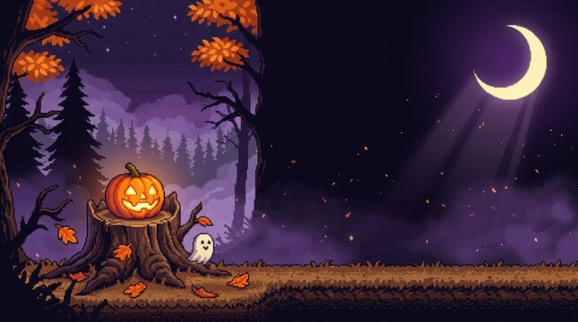 16-Bit Pixel Art Halloween Banner with Jack-O'-Lantern and Ghost in Spooky Autumn Forest with Copy Space